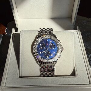 Michele Silver and Blue Women's Diamond Watch
